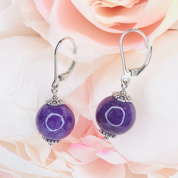 Sterling Silver Lavender Jade Bead Drop Leverback Earrings - Picture 2 of 5